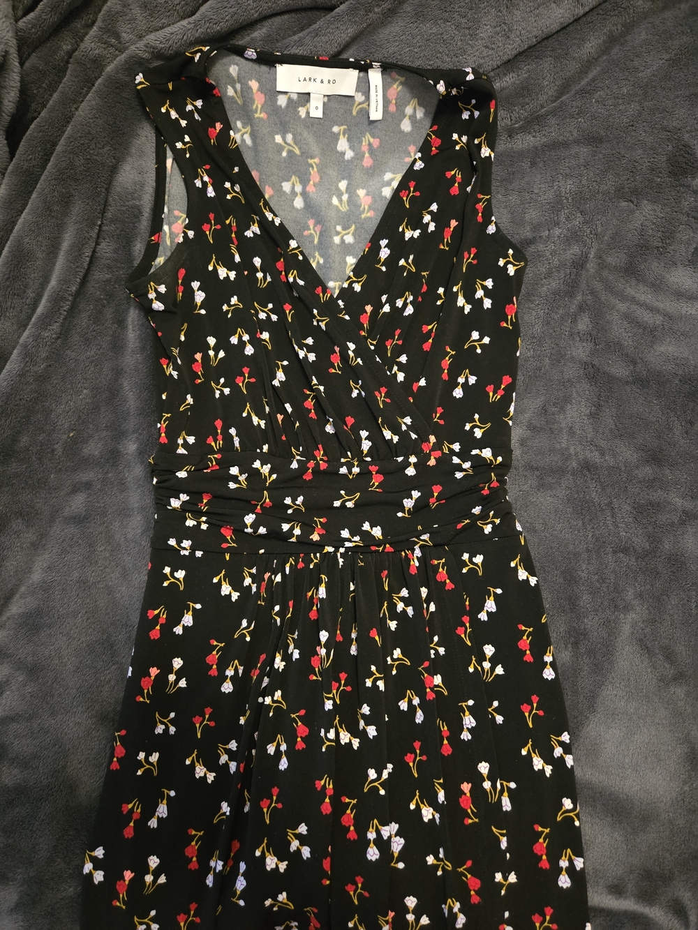 Lark & Ro Black Midi Dress with Red, White & Gold Floral Print
